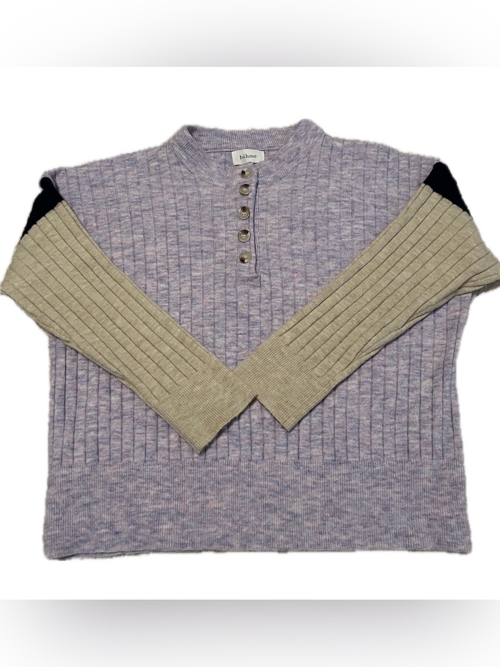 bohme Lavender Ribbed Henley Sweater with Beige and Black Sleeves Women’s Sz LG